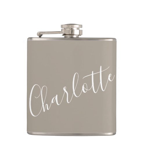 Minimalist Script Personalized Name Taupe Brown Flask