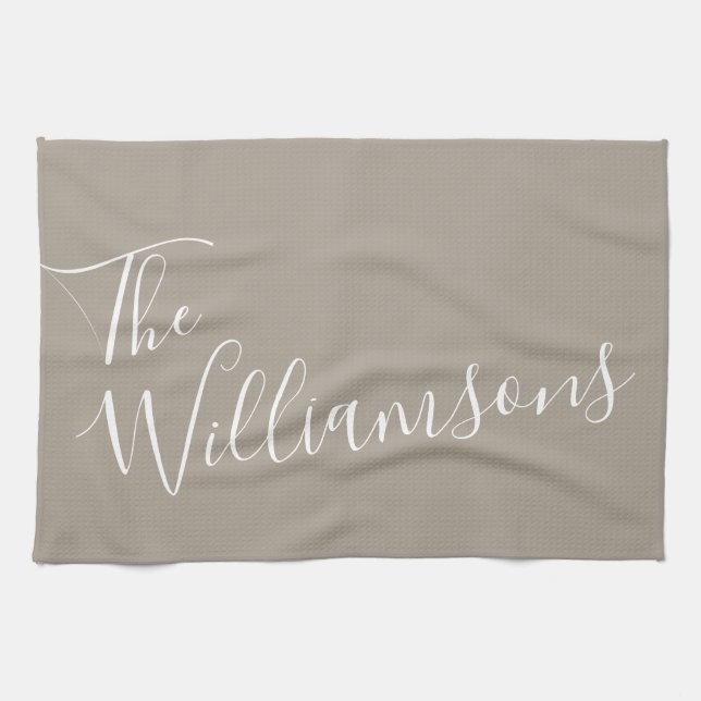 Minimalist Script Personalized Name | Taupe Brown Kitchen Towel (Horizontal)