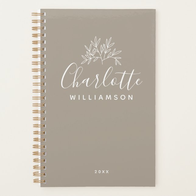 Minimalist Script Personalized Name Taupe Brown Planner (Front)