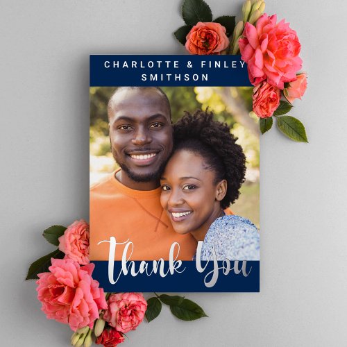   Minimalist Script Personalized Wedding Thank You Foil Holiday Card