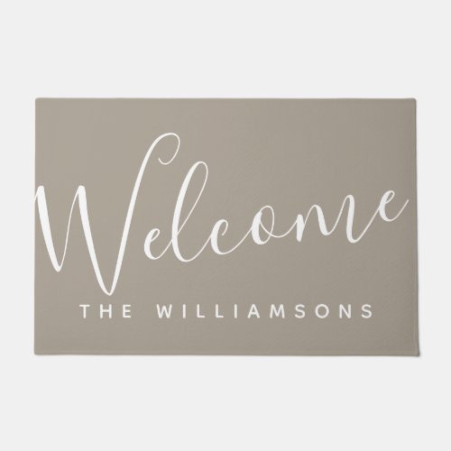 Minimalist Script Personalized Welcome Taupe Brown Doormat