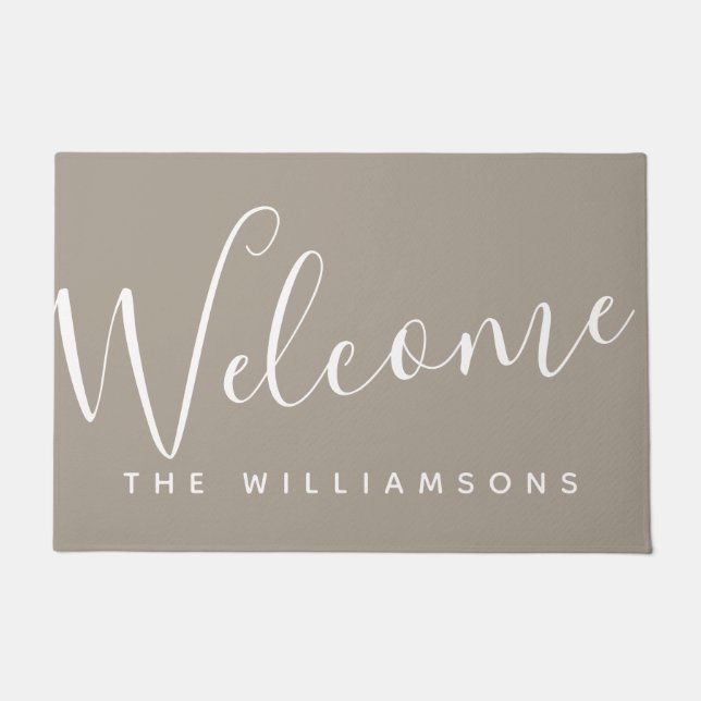 Minimalist Script Personalized Welcome Taupe Brown Doormat (Front)