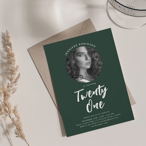 Minimalist Script Photo 21st Birthday Emerald  Invitation