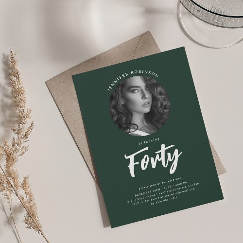 Minimalist Script Photo 40th Birthday Emerald  Invitation