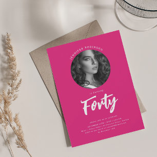 Minimalist Script Photo 40th Birthday Hot Pink Invitation