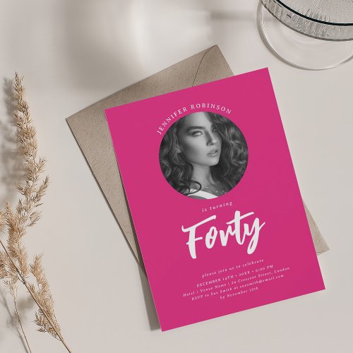 Minimalist Script Photo 40th Birthday Hot Pink  Invitation