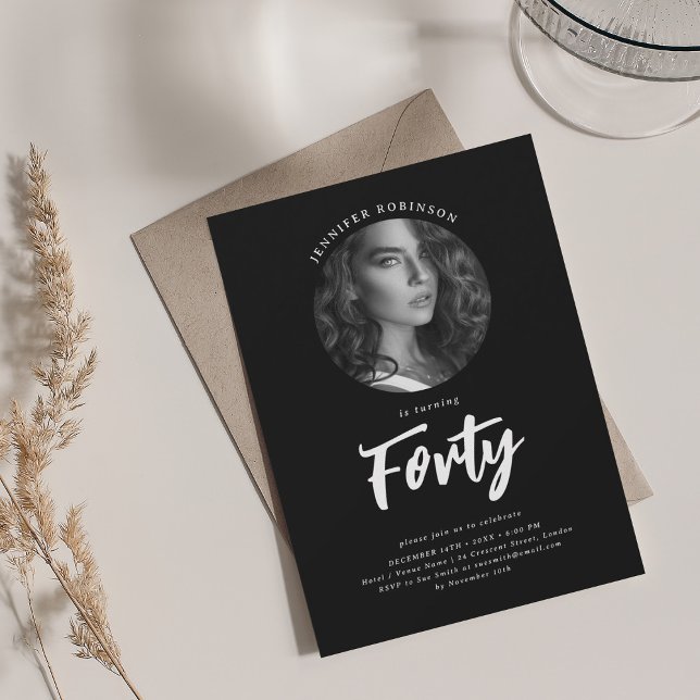 Minimalist Script Photo 40th Birthday Party Black  Invitation (Minimalist Script Photo 40th Birthday Party Black Invitation)