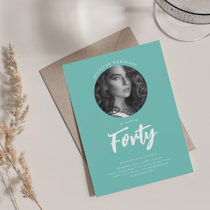 Minimalist Script Photo 40th Birthday Party Teal Invitation
