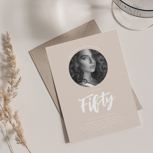 Minimalist Script Photo 50th Birthday Champagne  Invitation (Minimalist Script Photo 50th Birthday Champagne Invitation)