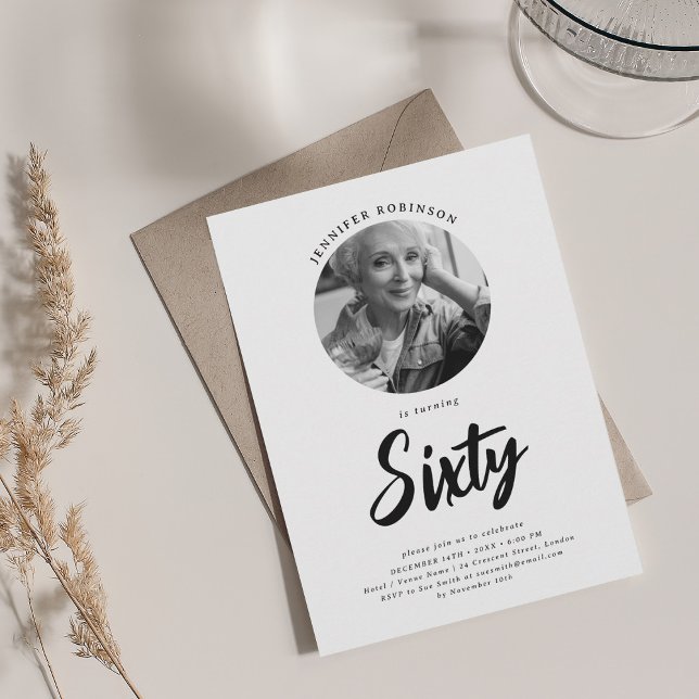 Minimalist Script Photo 60th Birthday Black White Invitation (Minimalist Script Photo 60th Birthday Black White Invitation)