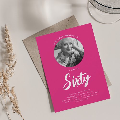 Minimalist Script Photo 60th Birthday Hot Pink  Invitation