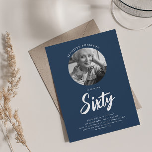 Minimalist Script Photo 60th Birthday Navy Blue Invitation