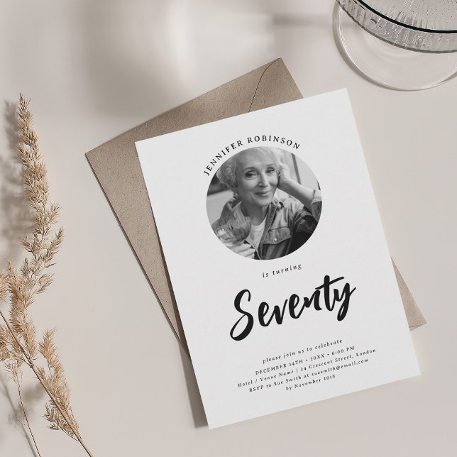 Minimalist Script Photo 70th Birthday Black White Invitation (Minimalist Script Photo 70th Birthday Black White Invitation)