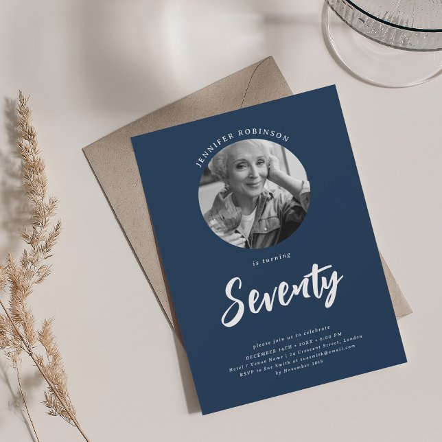 Minimalist Script Photo 70th Birthday Party Navy  Invitation (Minimalist Script Photo 70th Birthday Party Navy Invitation)