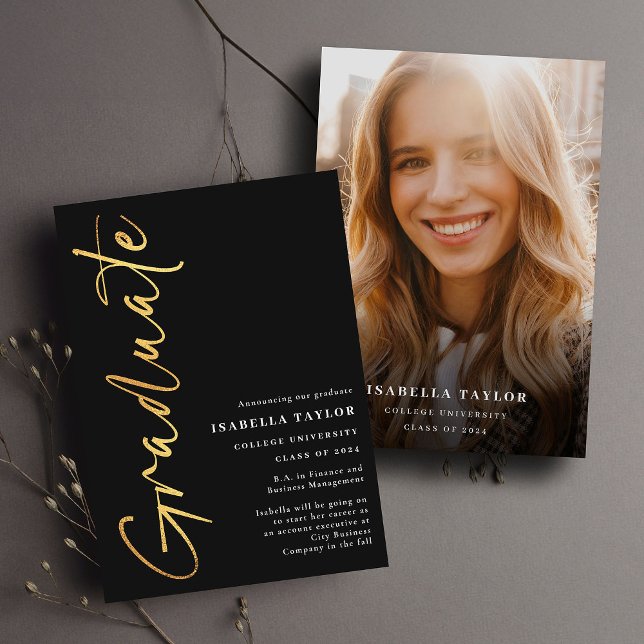Minimalist Script Photo Black Gold Graduation Announcement (Creator Uploaded)