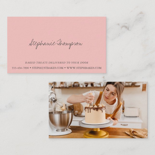 Minimalist Script Photo Blush Pink Bakery Pastry Business Card (Front/Back)