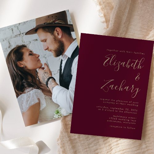 Minimalist Script Photo Burgundy Gold Wedding Invitation