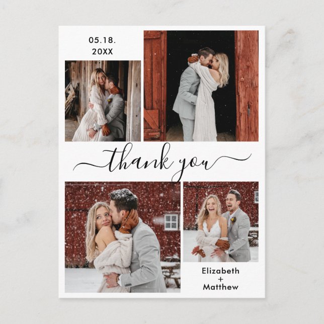 Minimalist Script Photo Collage Wedding Thank You Postcard (Front)