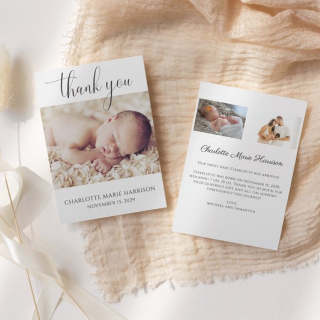 Minimalist Script Photo New Baby Announcement Card (Creator Uploaded)