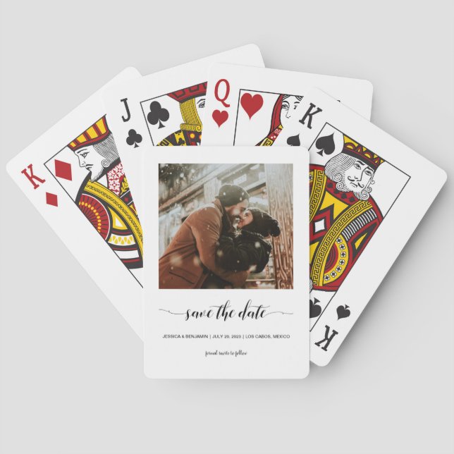 Minimalist Script Photo Save The Date Poker Cards (Back)