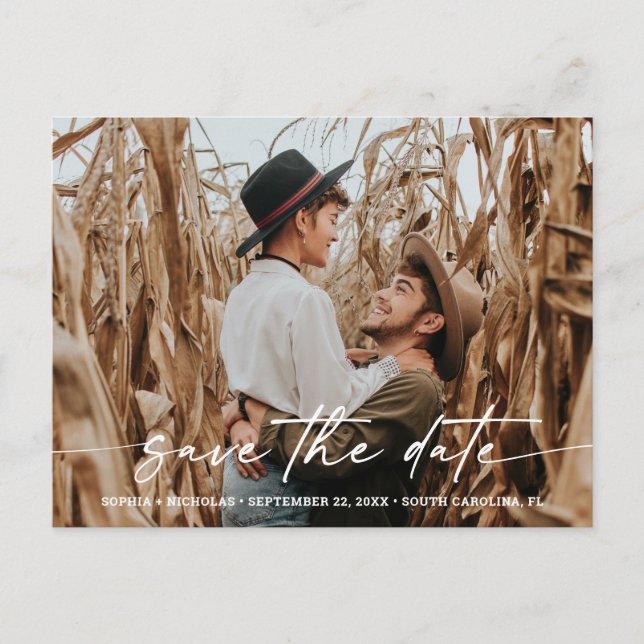 Minimalist Script Photo Wedding Save the Date Announcement Postcard (Front)