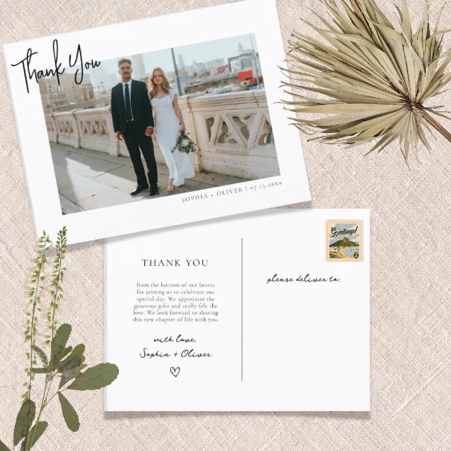 Minimalist Script Photo Wedding Thank You Postcard Zazzle