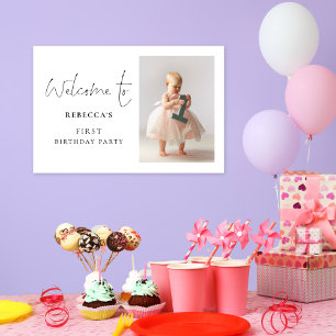 Minimalist Script Photo Welcome 1st Birthday Party Poster