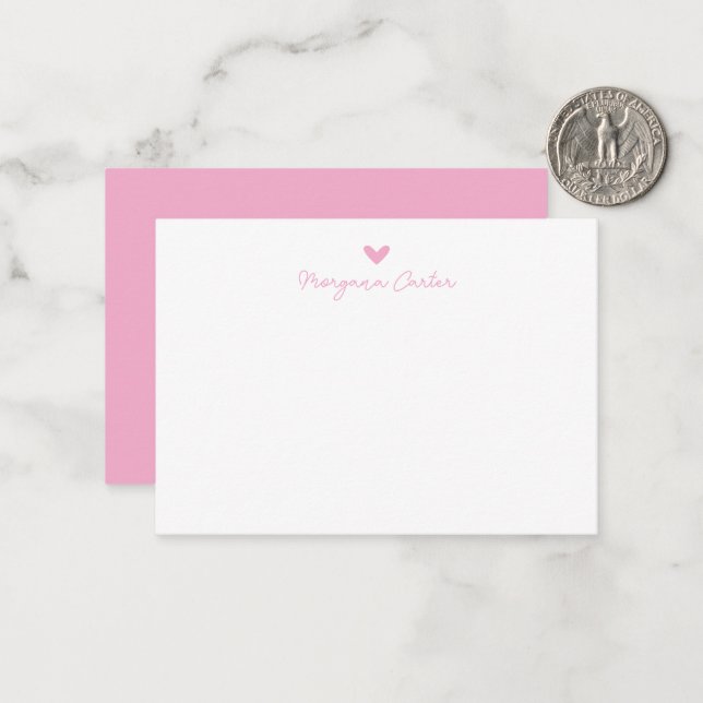 Minimalist Script Pink Heart Personalized Note Card (Front/Back In Situ)