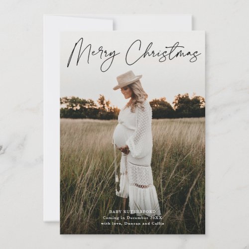 Minimalist Script Pregnancy Photo Christmas Holiday Card