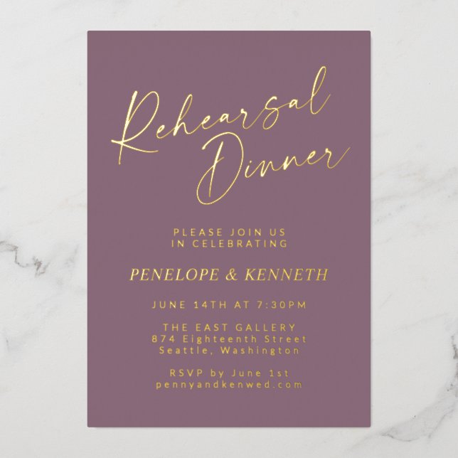 Minimalist Script Purple Gold Rehearsal Dinner Foil Invitation (Front)