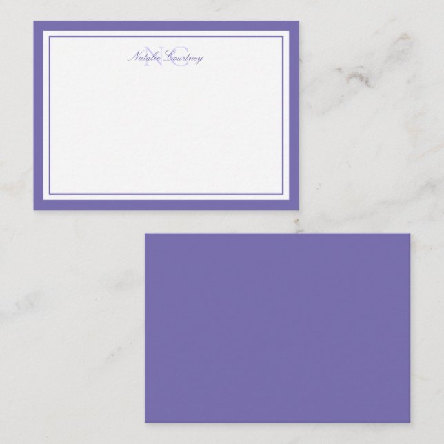 Minimalist Script Purple Two Border Monogram Note Card (Front/Back)