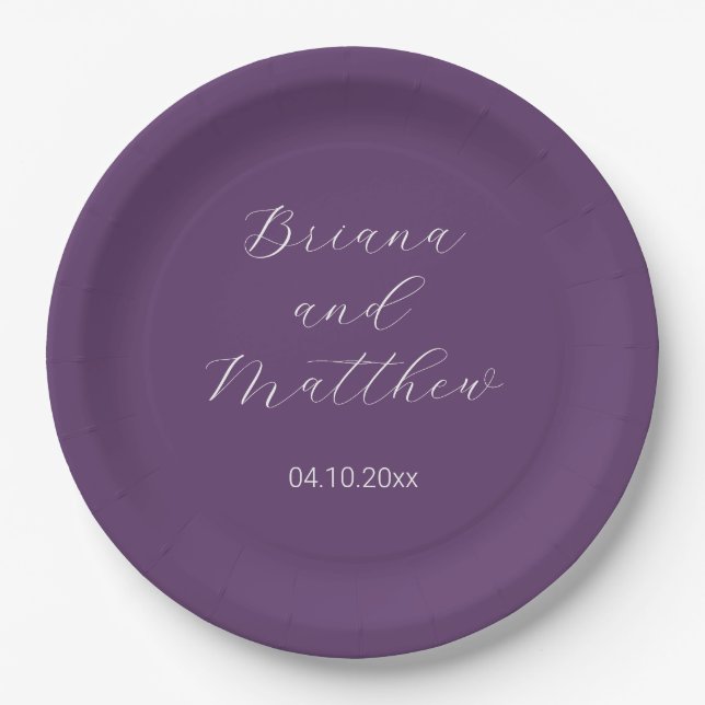 Minimalist Script Purple Wedding Paper Plates (Front)