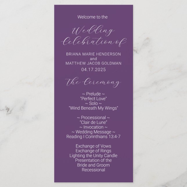 Minimalist Script Purple Wedding Program (Front)
