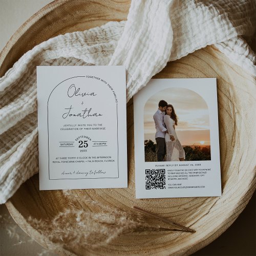 Minimalist Script QR Code Arch Frame Photo Wedding Invitation