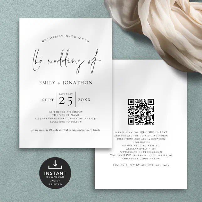 Minimalist Script QR Code Black White Wedding Invitation | Zazzle