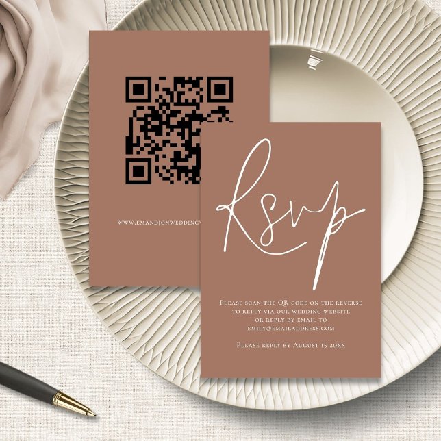 Minimalist Script QR Code Brown RSVP Wedding Card (front and back view)