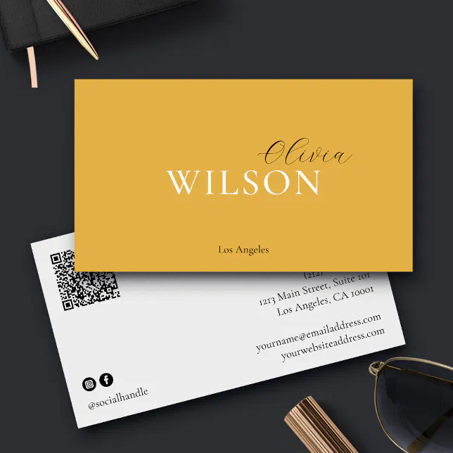 Minimalist Script QR Code Mustard Yellow Business Card | Zazzle
