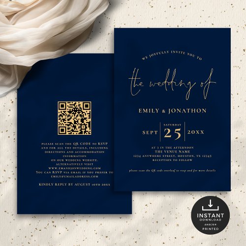 Minimalist Script QR Code Navy Blue Gold Wedding Invitation