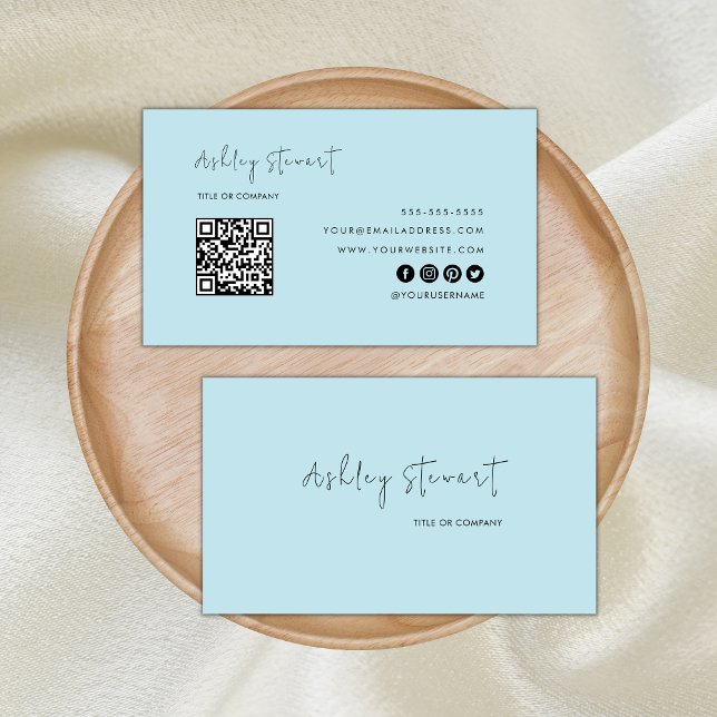 Minimalist Script Qr Code Professional Light Blue Business Card (Creator Uploaded)