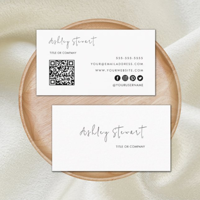 Minimalist Script Qr Code Professional White Business Card (Creator Uploaded)