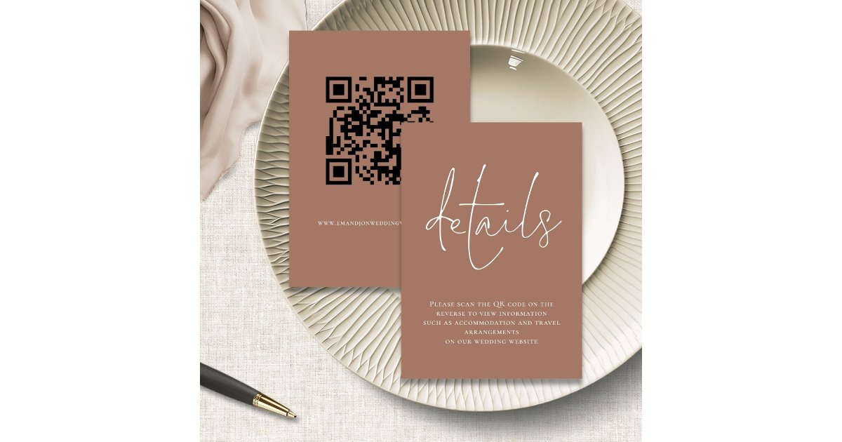 Minimalist Script QR Code Wedding Brown Details Enclosure Card | Zazzle