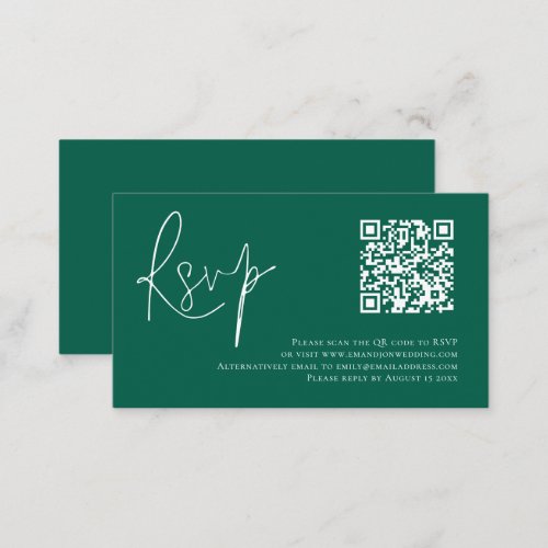 Minimalist Script QR Code Wedding Emerald RSVP Enclosure Card