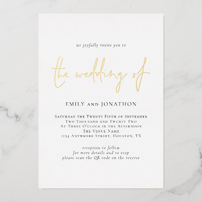 Minimalist Script QR Code Wedding Real Foil Invitation (Front)