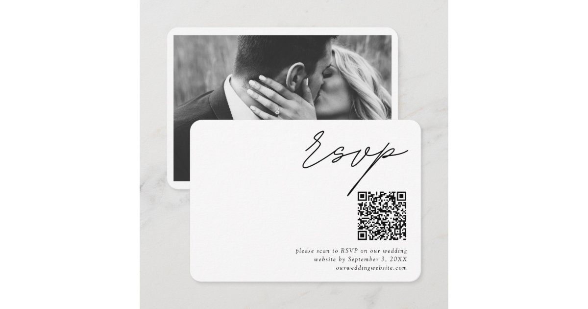 Answer Booklet Script Qr Code Photo Minimalist Script QR Code Wedding Small RSVP Enclosure Card | Zazzle