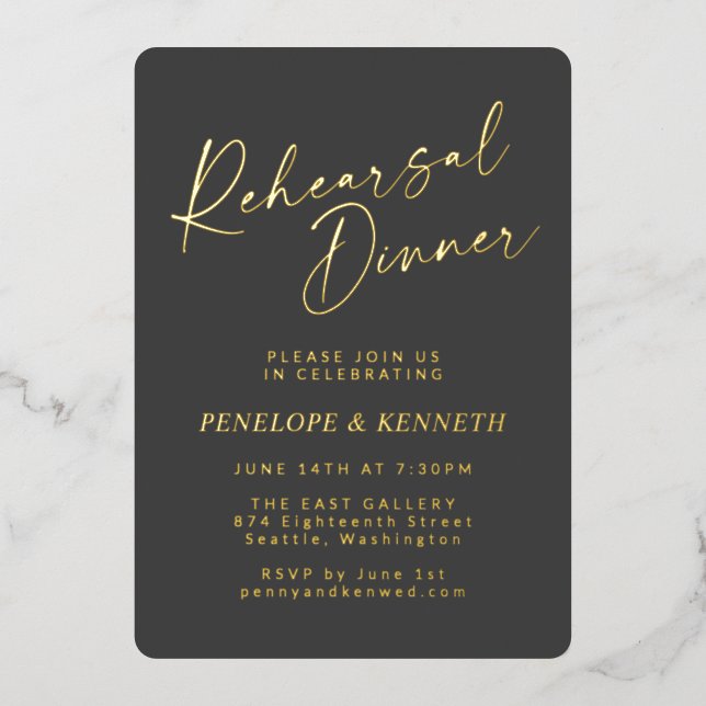 Minimalist Script Rehearsal Dinner Black Gold  Foil Invitation (Front)