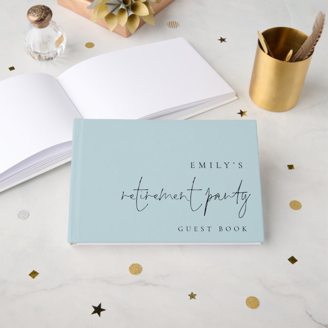 Minimalist Script Retirement Party Dusty Blue Guest Book (Front Open)