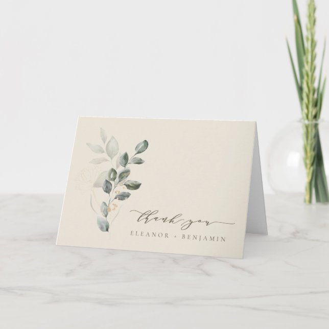 Minimalist Script Rustic Gold Greenery Wedding  Letterpress Thank You Card (Front)