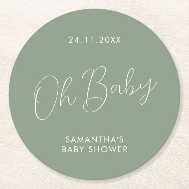 Minimalist Script Sage Green Baby Shower day Round Paper Coaster