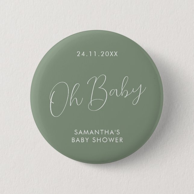 Minimalist Script Sage Green Baby Shower elegant Button (Front)
