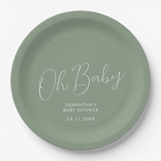 Minimalist Script Sage Green Oh Baby Shower date Paper Plates